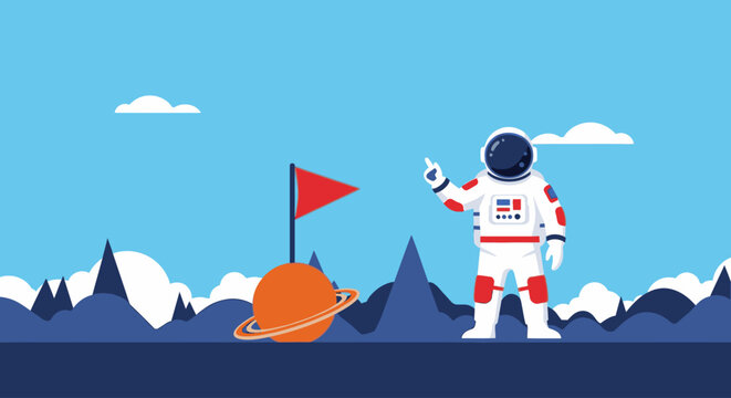 Illustration of an astronaut standing on a mountainous planetary surface with a red flag and orange planet under a blue sky with clouds.