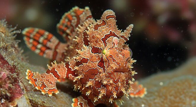 Close up of a frogfish displaying unique camouflage in marine environment