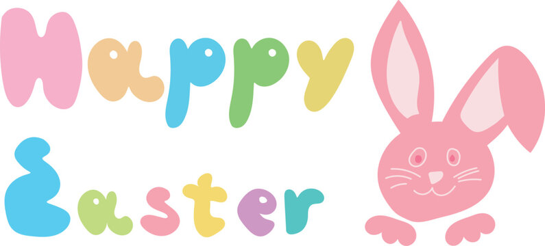 Happy easter text vector design. Easter greeting card with bunny decoration elements for holiday celebration background. Vector Illustration.