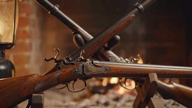 Antique rifles crossed in front of a warm fireplace, showcasing intricate metalwork and polished wood, evoking historical ambiance and old west themes