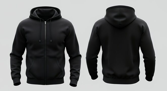 A black zip-up zipped hoodie mockup from the front and back view isolated on a light gray background sweatshirt with hood long sleeve for print hoodie mockup clothing design fashion casual hoodie isol