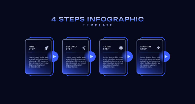 Dark progress bar infographic 4 step business process with rectangular elements and pointers in horizontal layout, simple flat vector template for presentation, workflow, and timeline design