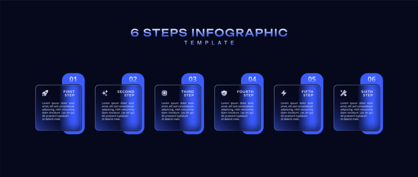 Dark progress bar infographic 6 step business process with rectangular elements and pointers in horizontal layout, simple flat vector template for presentation, workflow, and timeline design
