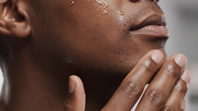 Close Up Of Man Applying Moisturizing Skincare Product To Face With Gentle Hand Motion Over Gray Background