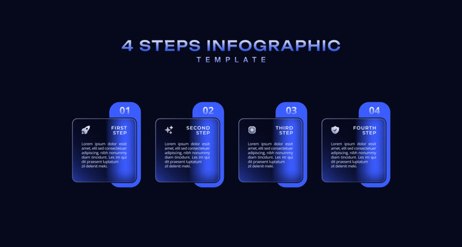 Dark progress bar infographic 4 step business process with rectangular elements and pointers in horizontal layout, simple flat vector template for presentation, workflow, and timeline design