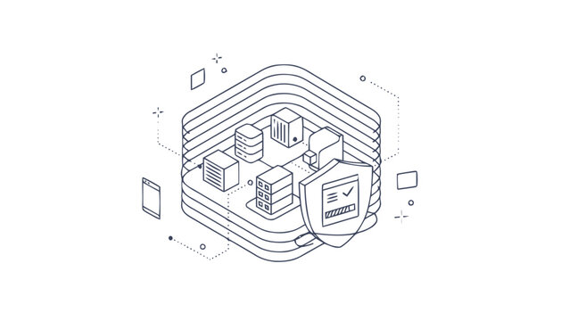 Isometric Data Servers with Security Shield, Network Protection Concept.