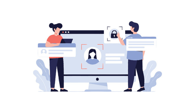 Illustration of people securing online access with facial recognition technology.