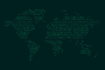 Fototapeta premium Abstract world map created with binary code digits in clean vector style. Represents global data flow, digital networks, and technology. Ideal for cybersecurity, analytics, and modern tech backgrounds