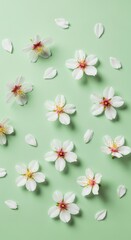 Fototapeta premium White Cherry Blossom Petals Falling Green.