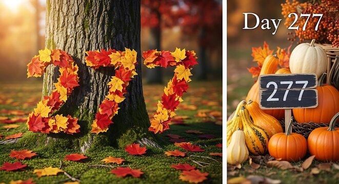 Autumnal display of numbers with pumpkins and fallen leaves