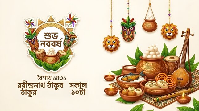 Bengali New Year Celebration Background with Traditional Food, Folk Masks, Musical Instruments, and Pohela Boishakh Typography on Cream Background