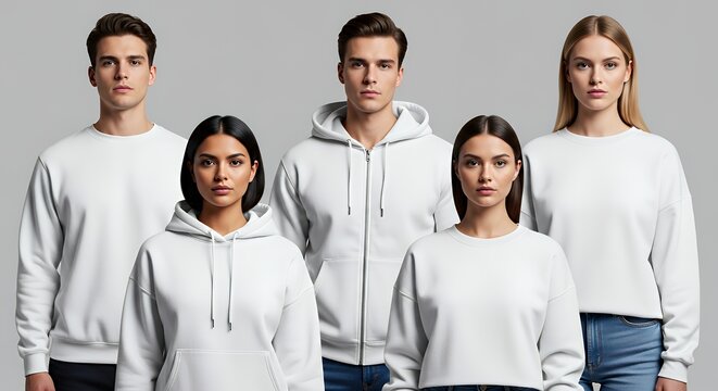 White blank sweatshirts mockup on male and female models against grey background hoodie mockup clothing design fashion casual hoodie isolated blank apparel cotton template