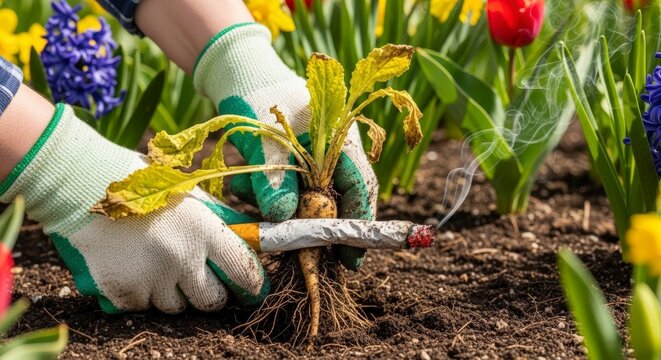 Gardener pruning plant with green gloves.