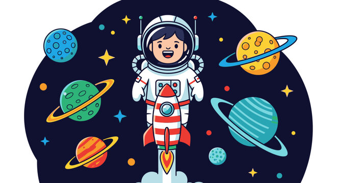 Illustration of a cartoon astronaut standing in space with planets and stars around her.