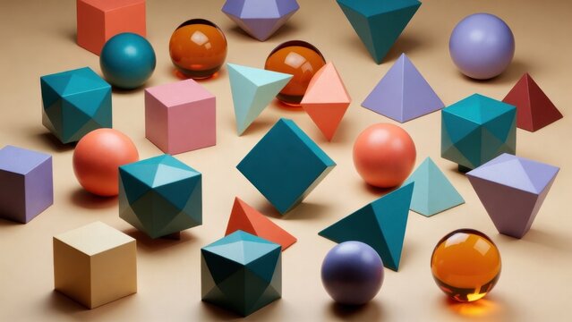 Geometric shapes float on warm beige surface