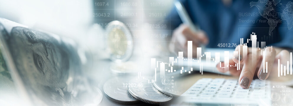 Finance, banking and investment, Asset allocation, budget management. Business woman calculating financial report, cost control and budgeting with business data graph growth chart. Tax and budgeting