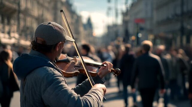 Street musician playing violin in busy city square