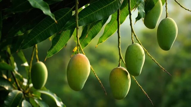 Small green mangoes hanging on tree with leaves in natural setting.