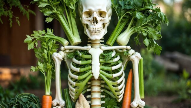 Skeletal figure holds fresh vegetables with greenery around
