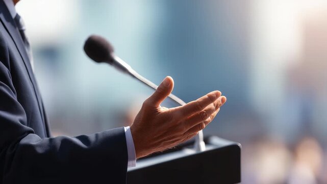 Confident speaker delivers an inspiring public speech at a podium during a professional conference. Business leader addresses audience with impactful gestures and clear communication
