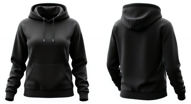 Black female hoodie sweatshirt with long sleeve women hoody with hood for your design mockup for print isolated on white background template sport pullover front and back view hoodie mockup clothing d