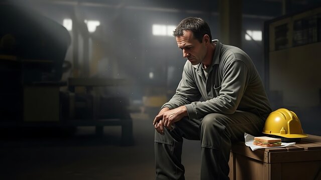 Factory worker sits with his head down, looking dejected in a dark, dusty industrial environment a hard hat rests nearby.