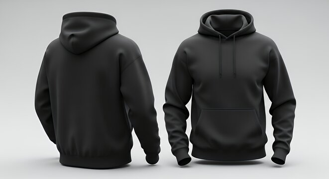 Maqueta de sudadera de color negra con vista frontal y posterior hoodie mockup clothing design fashion casual hoodie isolated blank apparel cotton template