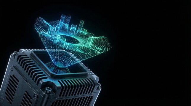 The LiDAR Nexus: Dark Mode Matte Titanium Sensor with Holographic Blue-Green Point Cloud
