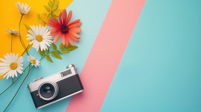 Flatlay colorful background with camera and flowers.