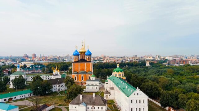 Ryazan, Russia. Ryazan Kremlin - The oldest part of the city of Ryazan. Cathedral of the Assumption of the Blessed Virgin Mary. Drone footage