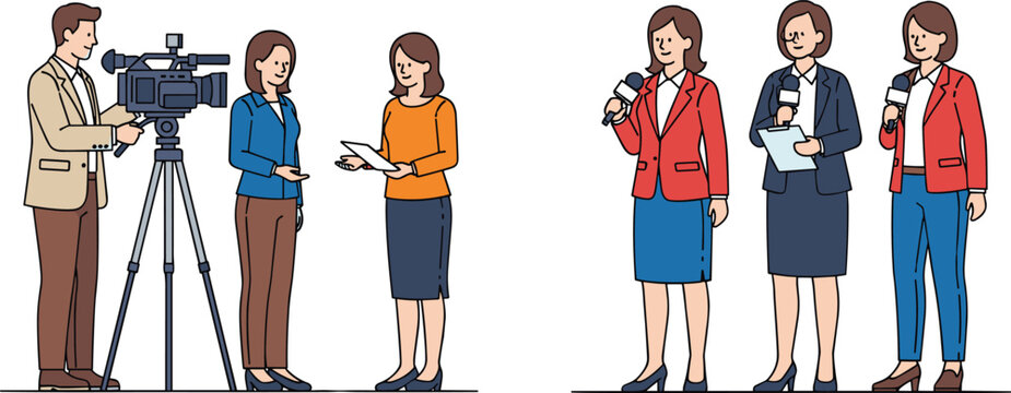 Vector Illustration of a News Reporter and Camera Crew, Interviewing and Reporting on Television, Representing Journalism and Media Production