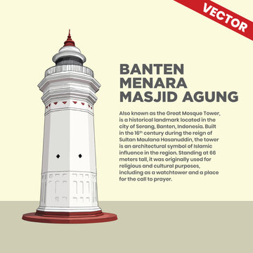 Banten Great Mosque Tower Vector, Historical Minaret Landmark Illustration, Islamic Architecture Heritage, Banten Lama Tourism Graphic, Ancient Watchtower Design, Indonesian Religious Site