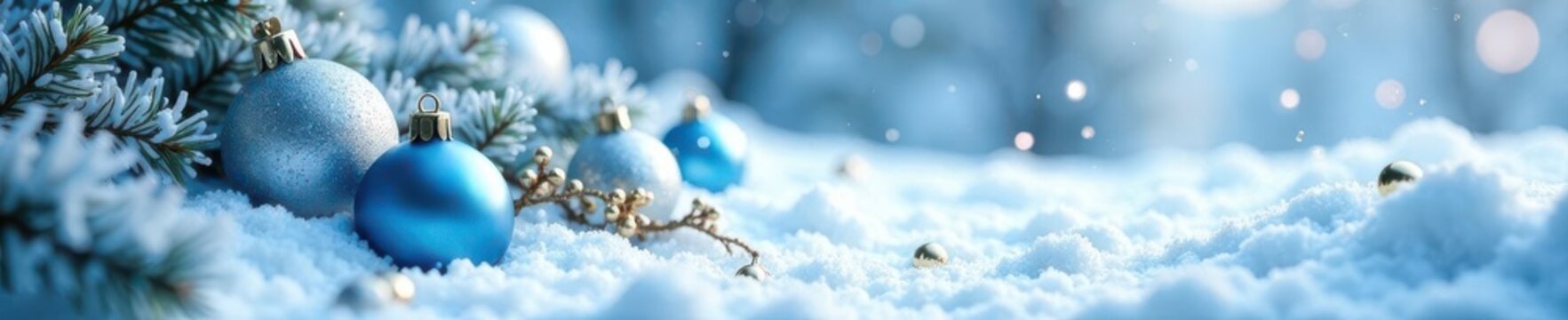 Silver & blue ornaments, tinsel scattered on pristine snow , design, background, cold