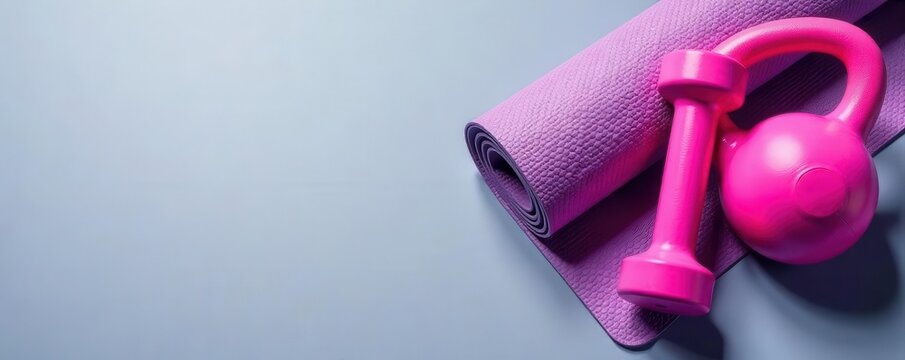 Pink dumbbells, kettlebell, yoga mat, fitness background Flat lay , tone, studio, flatlay