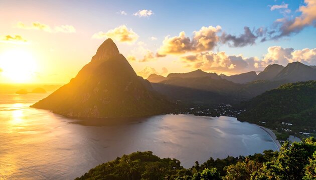 Majestic sunset over the Pitons, St. Lucia, casting a golden glow on paradise