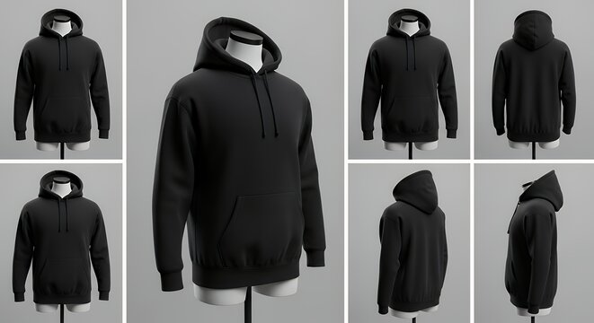 A black hoodie displayed from multiple angles on a mannequin showcasing its design and fabric texture against a neutral background hoodie mockup clothing design fashion casual hoodie isolated blank ap