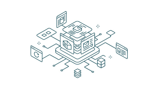 Isometric Illustration of a Modern Data Processing and Analysis System.