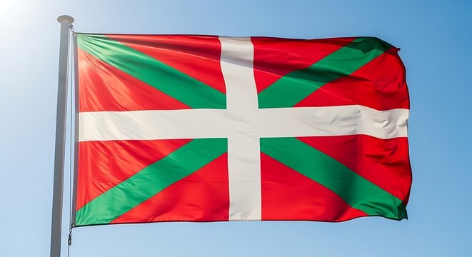 Basque flag waving against a clear blue sky patriotic banner symbol