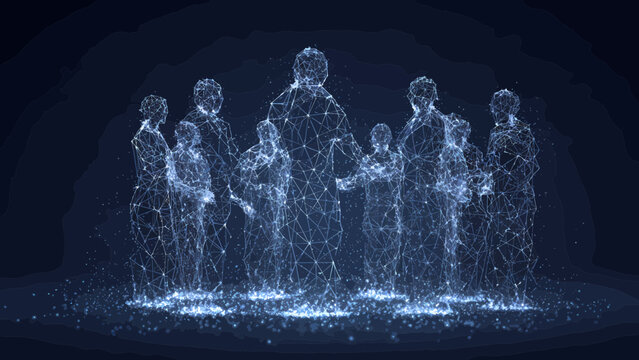 People stand together in a collaborative circle represented by luminous human silhouettes formed from intricate digital network connections.