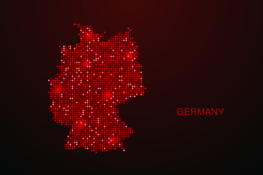 Germany Map - Digital dotted map with glowing red points on dark background, modern technology style, abstract data network design, clean minimal vector illustration.