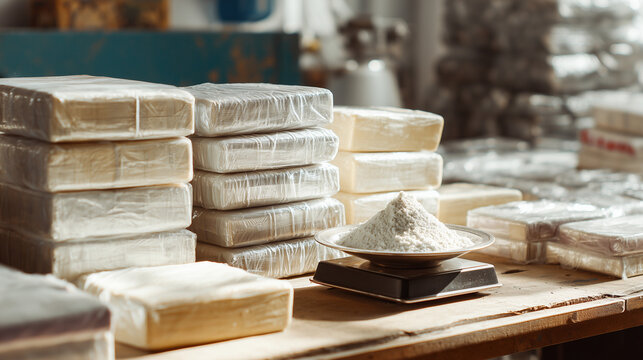 Stacks of plastic wrapped rectangular packages with white powder on a scale in a room, depicting illegal drugs, trafficking, and organized crime scene concept.