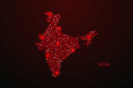 India Map - Digital dotted map with glowing red points on dark background, modern technology style, abstract data network design, clean minimal vector illustration.