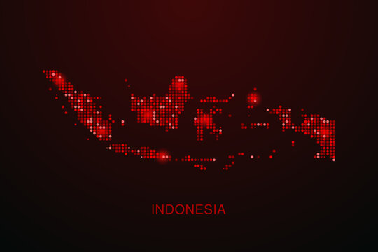 Indonesia Map - Digital dotted map with glowing red points on dark background, modern technology style, abstract data network design, clean minimal vector illustration.