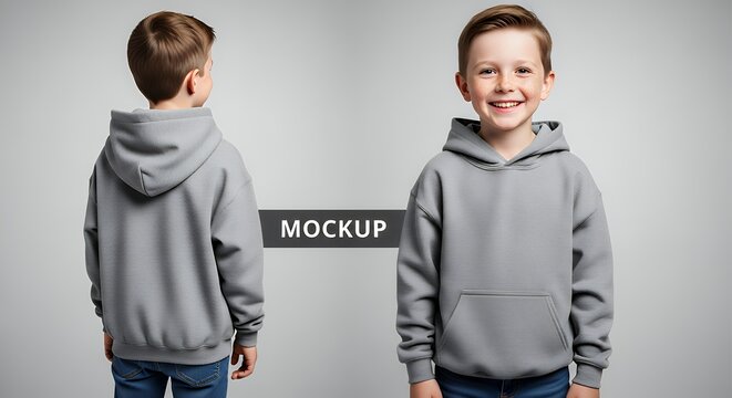 Portrait of a happy handsome american kid boy wearing a gray hoodie sweater and jeans front and back view mockup concept hoodie mockup clothing design fashion casual hoodie isolated blank apparel cott