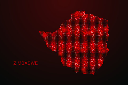 Zimbabwe Map - Digital dotted map with glowing red points on dark background, modern technology style, abstract data network design, clean minimal vector illustration.
