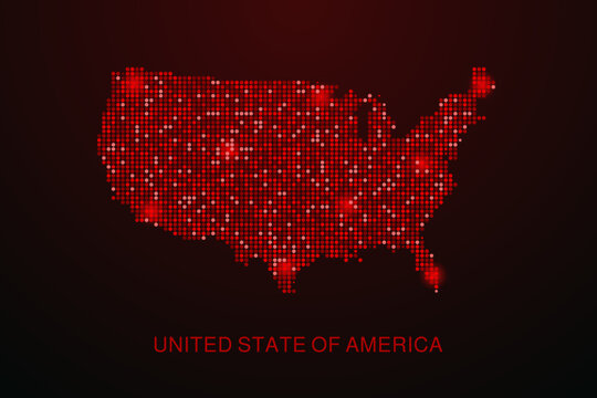 United State of America Map - Digital dotted map with glowing red points on dark background, modern technology style, abstract data network design, clean minimal vector illustration.