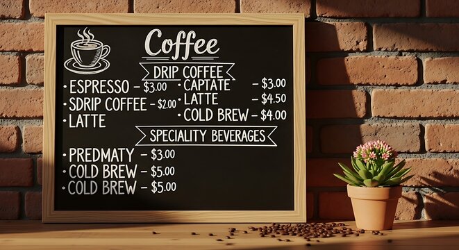 Coffee menu on chalkboard displayed with brick wall background