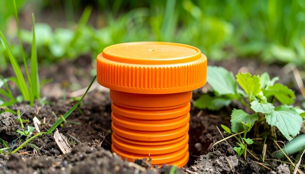 An orange drainage cap rises from dark soil amidst greenery under soft, diffused light, close up view