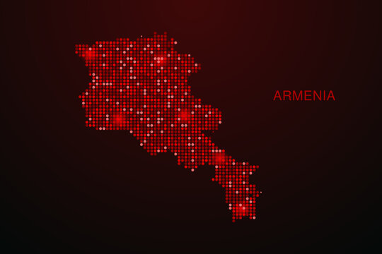 Armenia Map - Digital dotted map with glowing red points on dark background, modern technology style, abstract data network design, clean minimal vector illustration.