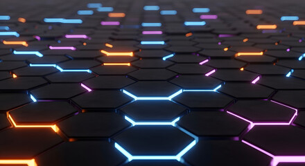 Fototapeta premium Futuristic neon hexagon network background with glowing cyber technology lines